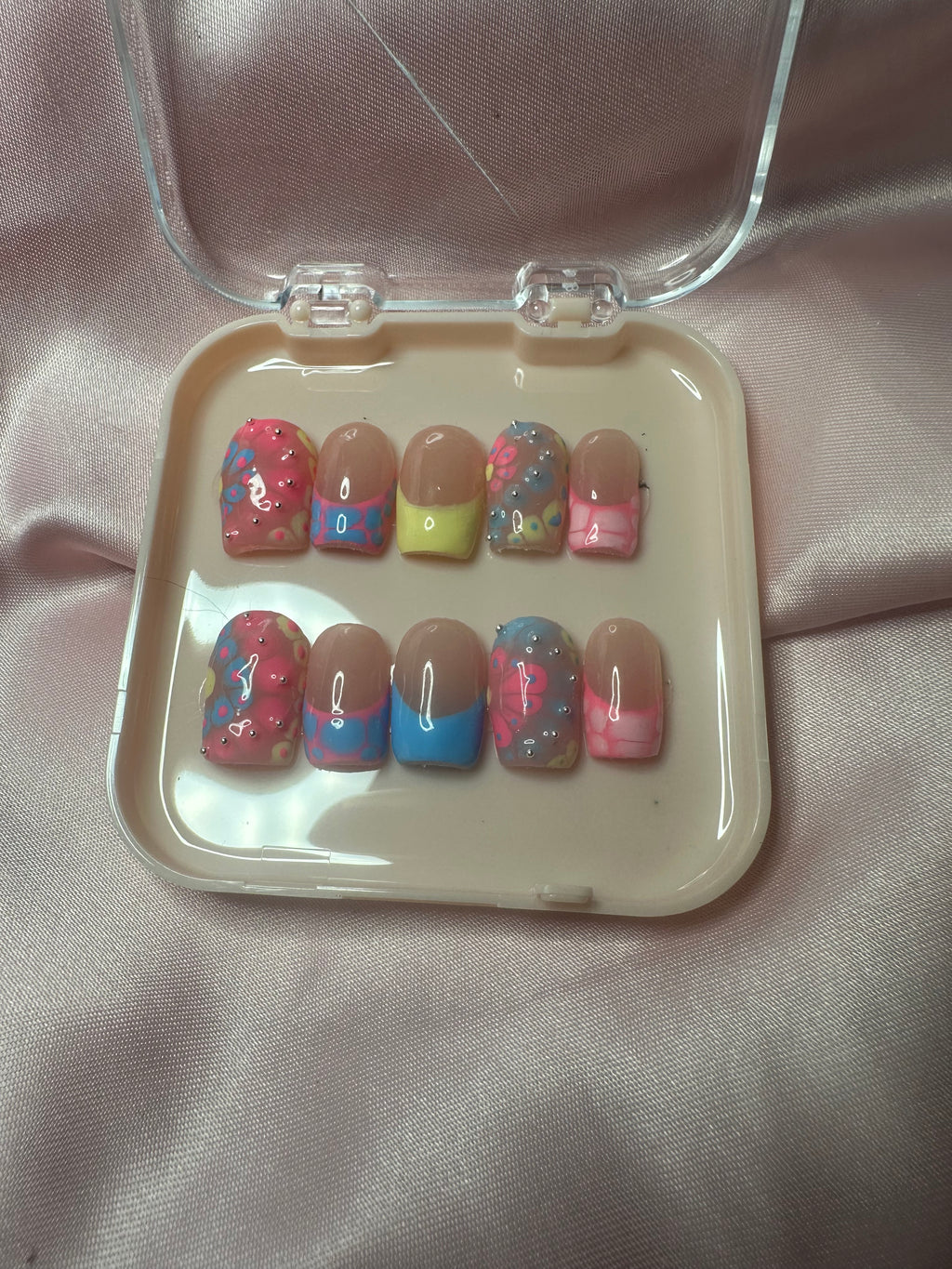 Pink Yellow and Blue Press on Nails