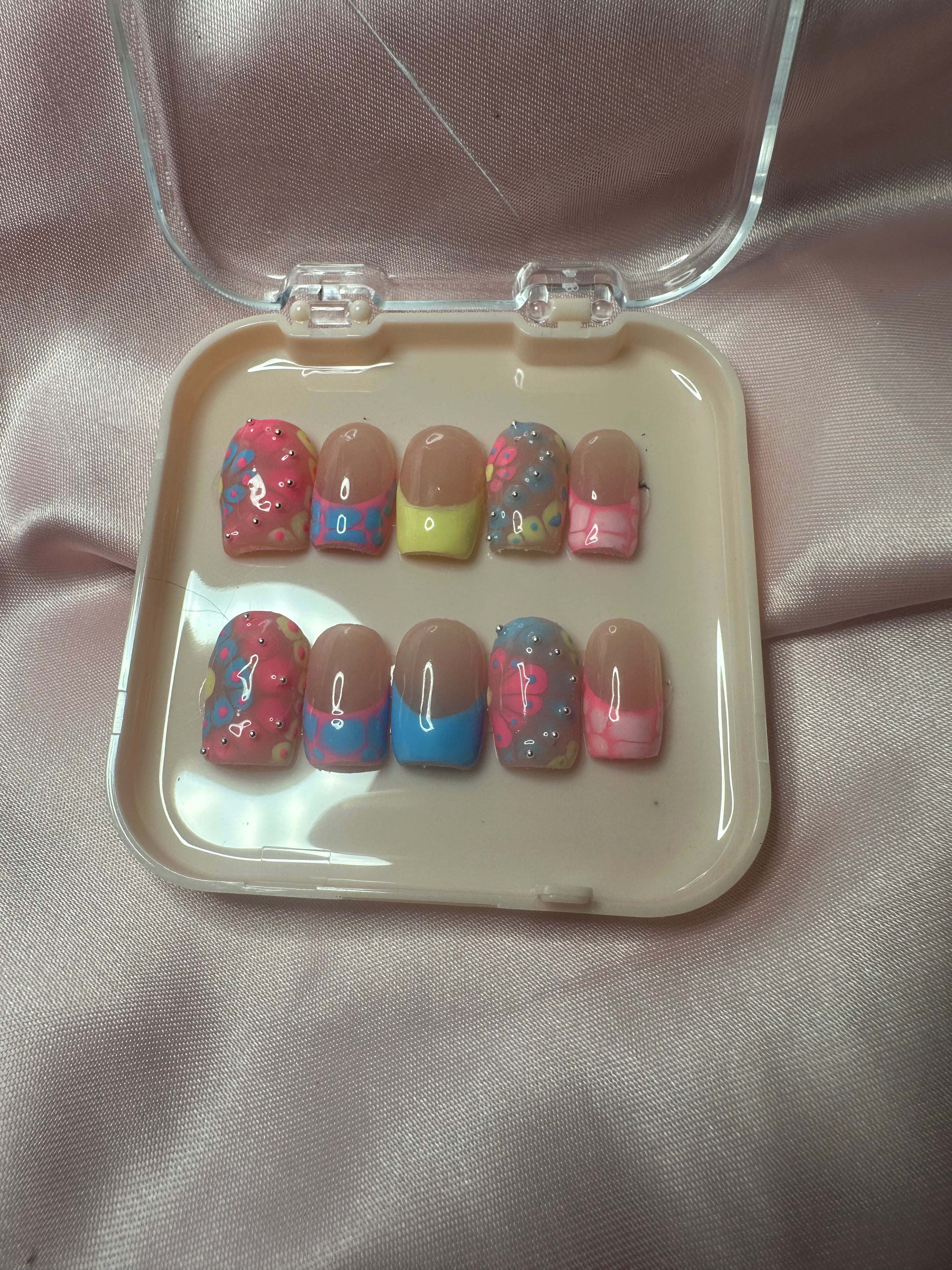 Pink Yellow and Blue Press on Nails