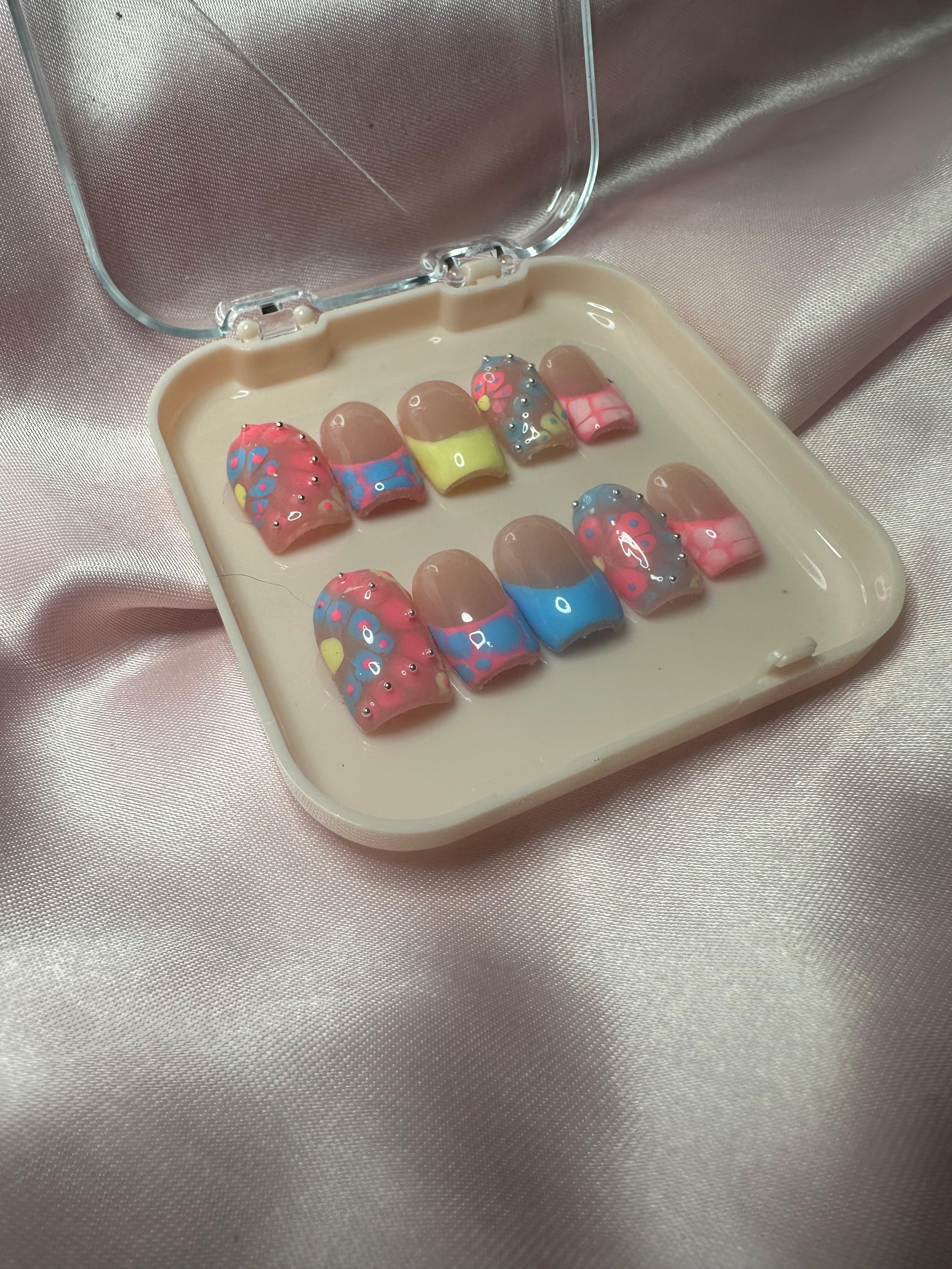 Pink Yellow and Blue Press on Nails