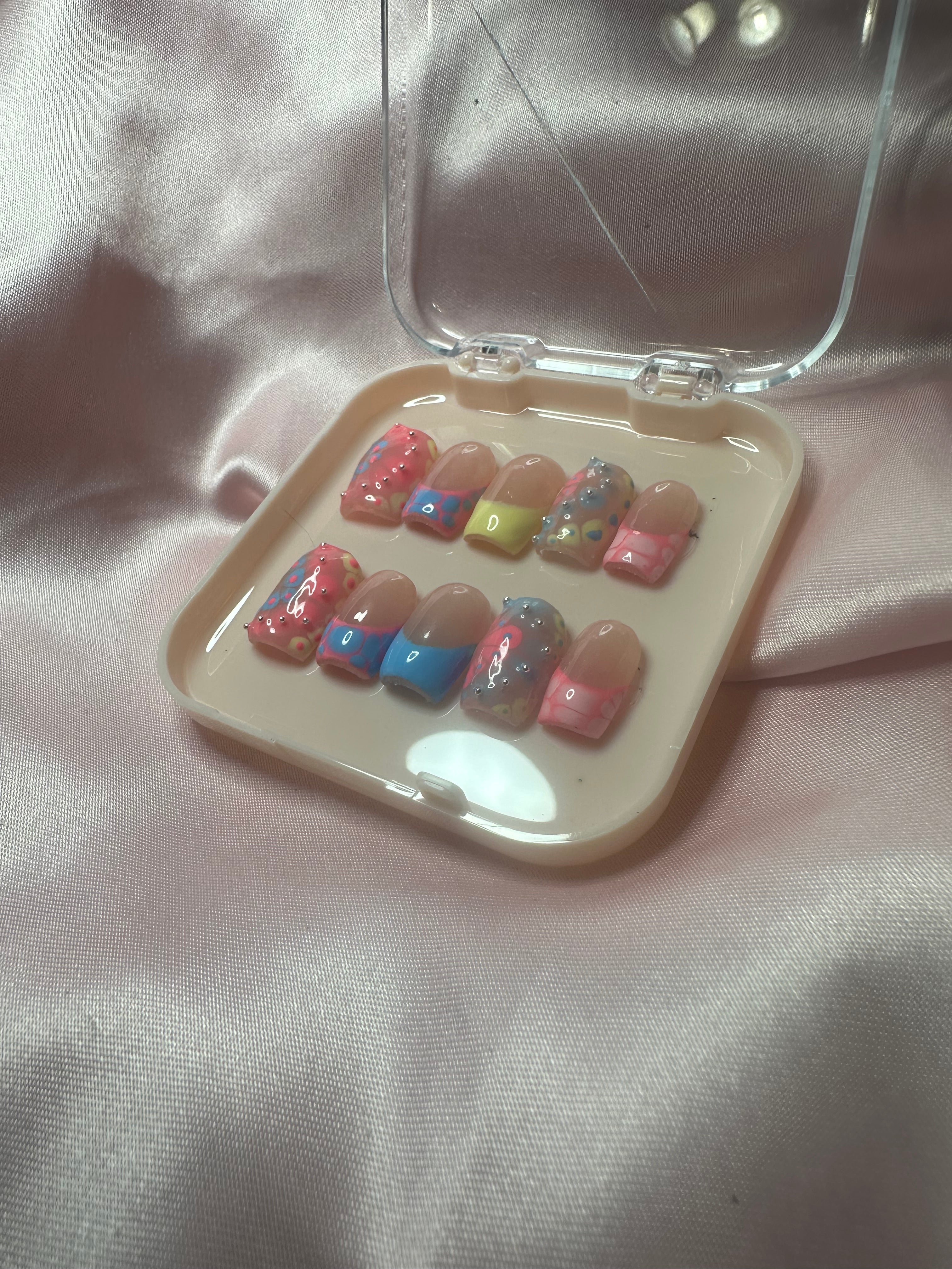 Pink Yellow and Blue Press on Nails